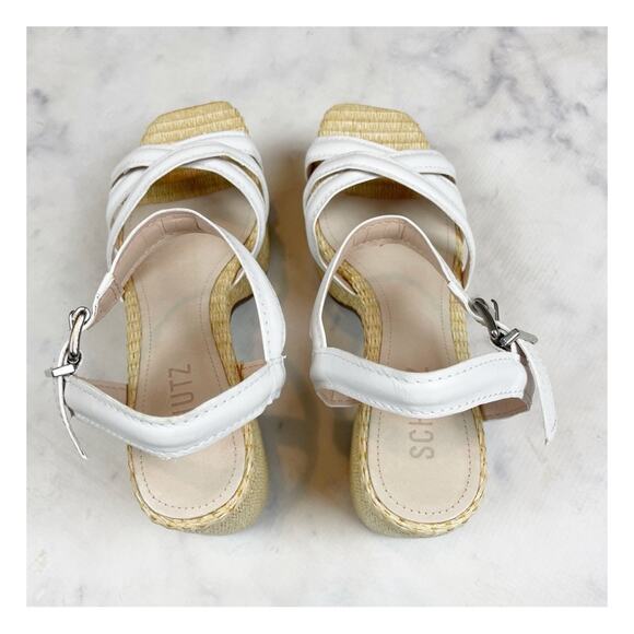 Schutz Stacie White Crisscross Leather Strap Raffia Heel Platform Sandals NWOB - Picture 4 of 10